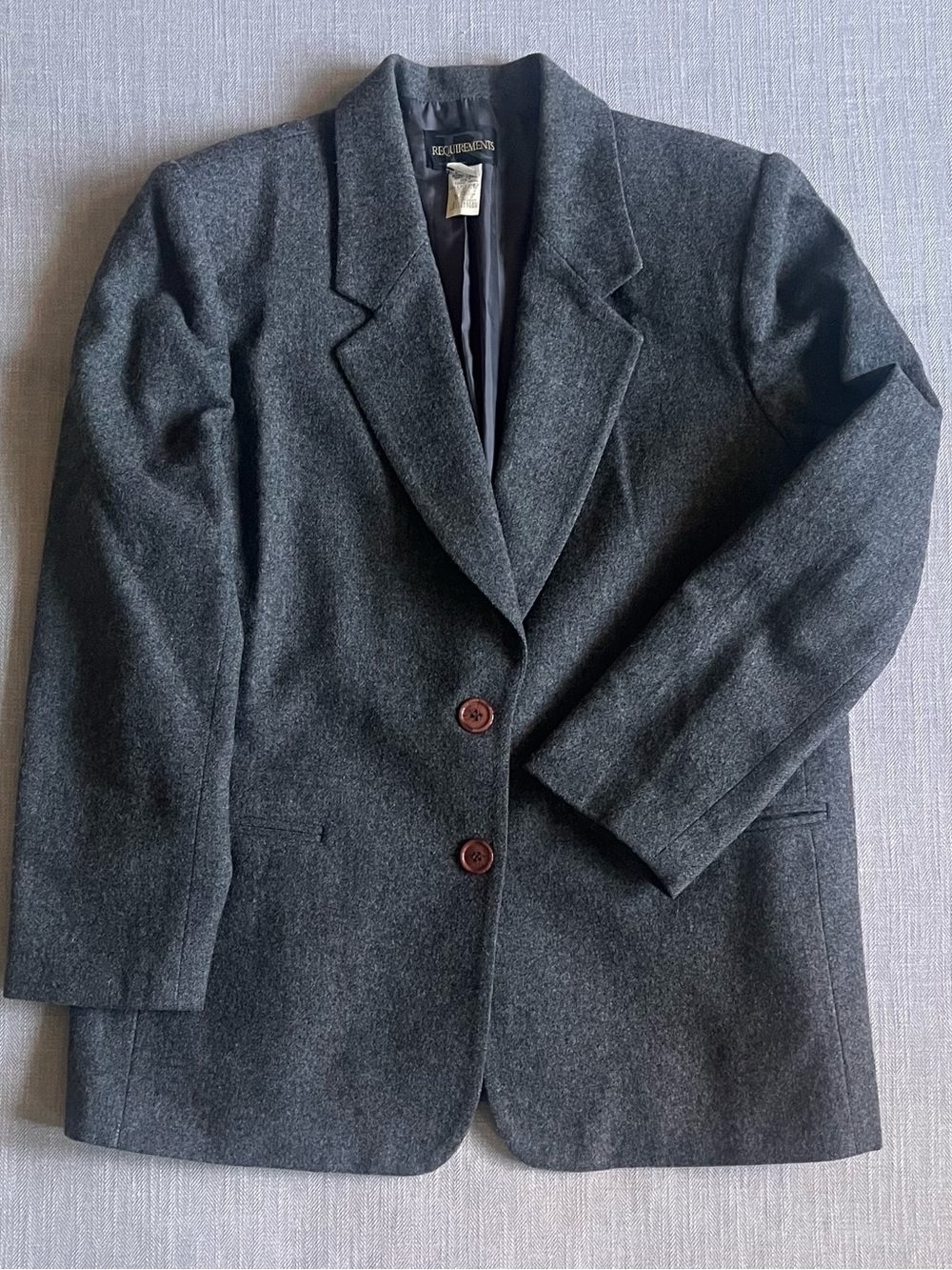 Vintage Soft Oversized Boxy Charcoal Gray 100% Wool Single-Breasted Dad Blazer